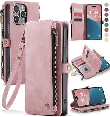 Defencase Compatible with iPhone 13 Pro Max Case Wallet with RFID Blocking Card Holder for Women Men PU Leather Magnetic Snap Flip Zipper Strap Wallet Phone Case Fit for iPhone 13 Pro Max Rose Pink
