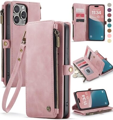 Defencase Compatible with iPhone 14 Pro Max Case Wallet with RFID Blocking Card Holder for Women Men PU Leather Magnetic Snap Flip Zipper Strap Wallet Phone Case Fit for iPhone 14 Pro Max Rose Pink
