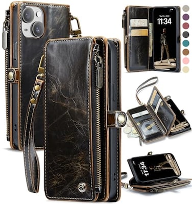 Defencase Compatible with iPhone 14 Case Wallet with RFID Blocking Card Holder for Women and Men Fashion PU Leather Magnetic Snap Flip Zipper Strap Wallet Phone Case Fit for iPhone 14 61 Coffee