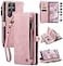Defencase Compatible with Samsung Galaxy S22 Ultra Case Wallet with RFID Blocking Card Holder for Women Men PU Leather Magnetic Snap Flip Zipper Strap Phone Case Fit for Galaxy S22 Ultra 5G Pink