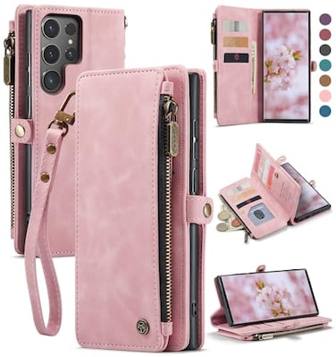 Defencase Compatible with Samsung Galaxy S22 Ultra Case Wallet with RFID Blocking Card Holder for Women Men PU Leather Magnetic Snap Flip Zipper Strap Phone Case Fit for Galaxy S22 Ultra 5G Pink