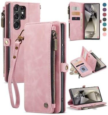 Defencase Compatible with Samsung Galaxy S23 Ultra Case Wallet with RFID Blocking Card Holder for Women Men PU Leather Magnetic Snap Flip Zipper Strap Phone Case Fit for Galaxy S23 Ultra 5G Pink