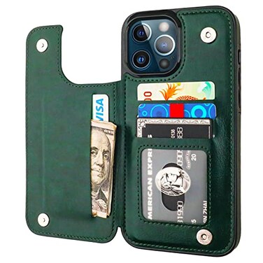 ONETOP Compatible with iPhone 13 Pro Max Wallet Case with Card HolderPU Leather Kickstand Card Slots Case Double Magnetic Clasp and Durable Shockproof Cover 67 InchGreen
