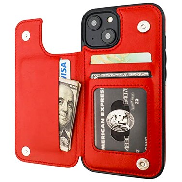 ONETOP Compatible with iPhone 14 Wallet Case with Card Holder PU Leather Kickstand Card Slots Case Double Magnetic Clasp and Durable Shockproof Cover 61 Inch Red