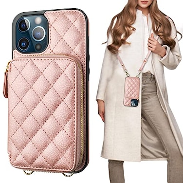 Bocasal Crossbody Wallet Case for iPhone 12 Pro Max RFID Blocking PU Leather Zipper Handbag Purse Flip Cover Kickstand Folio Case with Card Slots Holder Wrist Strap Lanyard 5G 67 Inch Rose Gold