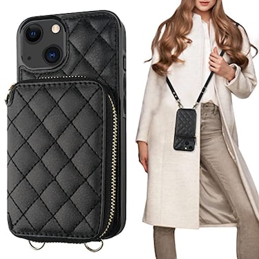 Bocasal Crossbody Wallet Case for iPhone 13 RFID Blocking PU Leather Zipper Handbag Purse Flip Cover Kickstand Folio Case with Card Slots Holder Wrist Strap Lanyard 5G 61 Inch Black