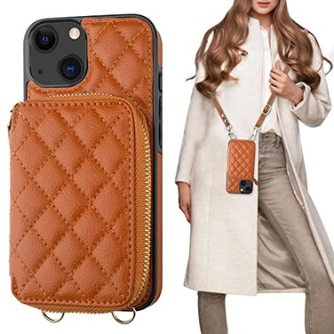 Bocasal Crossbody Wallet Case for iPhone 13 RFID Blocking PU Leather Zipper Handbag Purse Flip Cover Kickstand Folio Case with Card Slots Holder Wrist Strap Lanyard 5G 61 Inch Brown