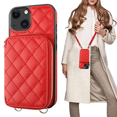Bocasal Crossbody Wallet Case for iPhone 13 RFID Blocking PU Leather Zipper Handbag Purse Flip Cover Kickstand Folio Case with Card Slots Holder Wrist Strap Lanyard 5G 61 Inch Red