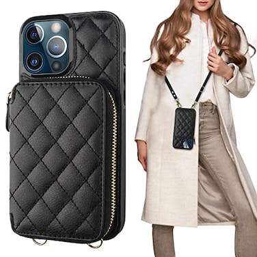 Bocasal Crossbody Wallet Case for iPhone 13 Pro Max RFID Blocking PU Leather Zipper Handbag Purse Flip Cover Kickstand Folio Case with Card Slots Holder Wrist Strap Lanyard 5G 67 Inch Black