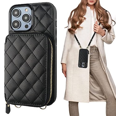 Bocasal Crossbody Wallet Case for iPhone 14 Pro RFID Blocking PU Leather Zipper Handbag Purse Flip Cover Kickstand Folio Case with Card Slots Holder Wrist Strap Lanyard 5G 61 Inch Black