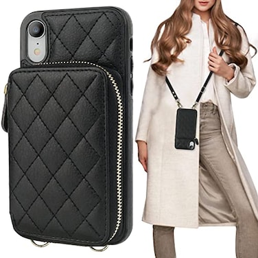 Bocasal Crossbody Wallet Case for iPhone Xr RFID Blocking PU Leather Zipper Handbag Purse Flip Cover Kickstand Folio Case with Card Slots Holder Wrist Strap Lanyard 61 Inch Black