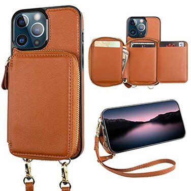 Bocasal RFID Blocking Wallet Case for iPhone 13 Pro Adjustable Crossbody Zipper Purse Case Card Holder with Kickstand Detachable Wrist Strap PU Leather Flip Folio Case 61 Inch 5G Brown