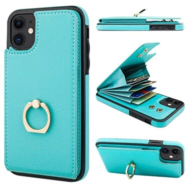 Folosu Compatible with iPhone 11 Case Wallet with Card Holder 360Rotation Finger Ring Holder Kickstand Protective RFID Blocking PU Leather Double Buttons Flip Shockproof Cover 61 Inch Green