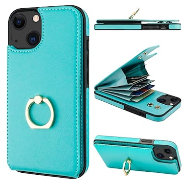 Folosu Compatible with iPhone 13 Case Wallet with Card Holder 360Rotation Finger Ring Holder Kickstand Protective RFID Blocking PU Leather Double Buttons Flip Cover 61 Inch Mint Green