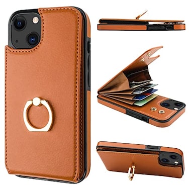 Folosu Compatible with iPhone 13 Case Wallet with Card Holder 360Rotation Finger Ring Holder Kickstand Protective RFID Blocking PU Leather Double Buttons Flip Shockproof Cover 61 Inch Brown
