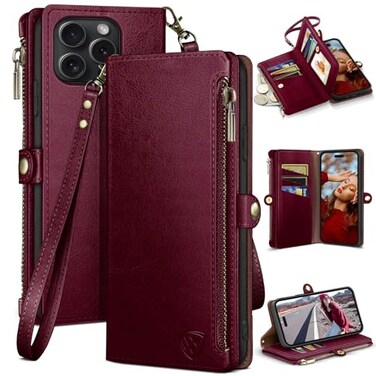 XcaseBar for iPhone 15 Pro Max 67 Wallet case with Zipper Credit Card Holder RFID BlockingFlip Folio Book PU Leather Shockproof Protective Cover Women Men for Apple 15 ProMax Phone case Wine Red