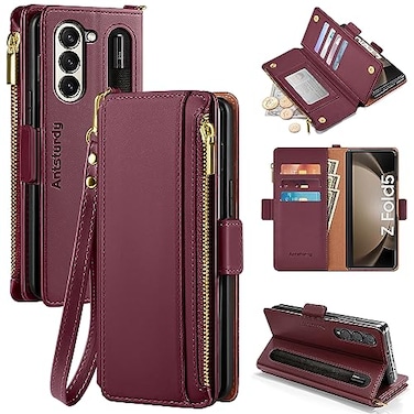Antsturdy Compatible with Samsung Galaxy Z Fold 5 Case Wallet Women withS Pen Holder Phone Case with Card Holder Strap PU Leather RFID Blocking Flip Protective Cover Credit Slots MenWine Red