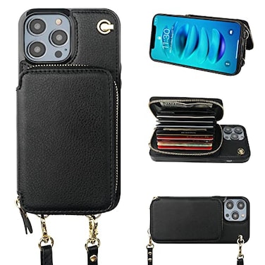 Bocasal Crossbody Wallet Case for iPhone 14 Pro Max RFID Blocking Leather Purse Case with Card Holder Protective Handbag Flip Cover with Zipper Wrist Strap Lanyard for Women 5G 67 Inch Black