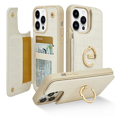 CUSTYPE for iPhone 14 Pro Max case Wallet with Card Holder 180 Rotation Ring Holder Stand Card Slots Case Leather Double Snap Cover with Wallet for Women and Men 67 Beige