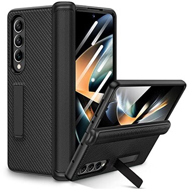 Ruky Kickstand Case for Galaxy Z Fold 4 Hinge Protection Full Body Builtin Screen Protector PU Leather Stand Case for Samsung Galaxy Z Fold 4 5G Carbon Fiber