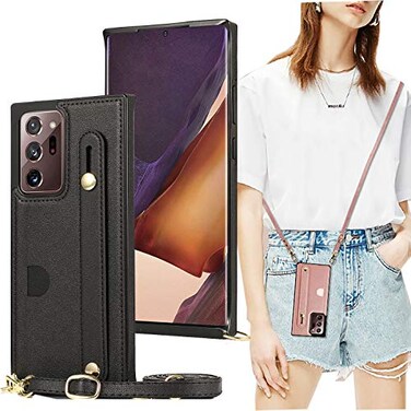 ZYZX Samsung Galaxy Note 20 Ultra Case with Adjustable Leather Strap Crossbody Card Holders Kickstand KB Black