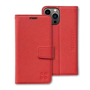 SafeSleeve Wallet Leather Case for iPhone 13 Pro 13 EMF Blocker for Cell Phone with 3 Card Holder Adjustable Stand Magnetic Closure and Magnetic Folio Protection for Daily Use Red