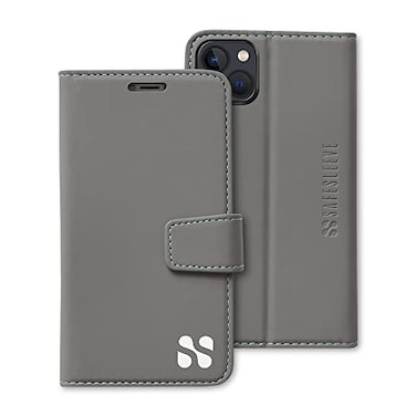 SafeSleeve Wallet Leather Case for iPhone 14 EMF Blocker for Cell Phone with 3 Card Slot Protective Design and Builtin Adjustable Stand for HandsFree Viewing Suitable for Men and Women Grey