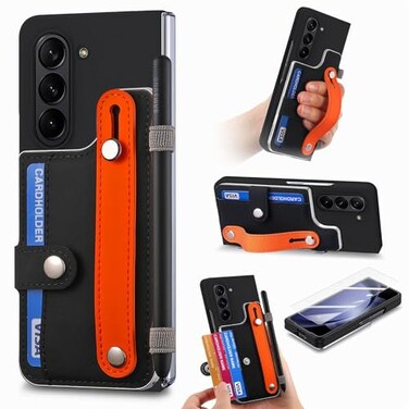 Omio for Galaxy Z Fold 6 Wallet Case with S Pen Holder Stand Builtin Screen Protector Wrist Strap Card Holder Back Cover Hard PC Shockproof Finger Grip Case for Men Women Girls Black