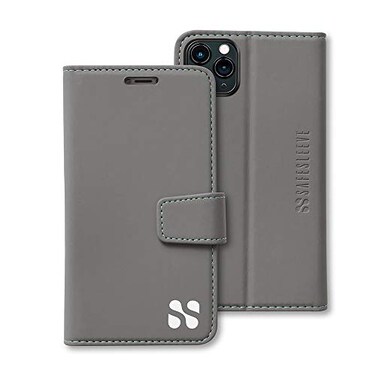SafeSleeve Wallet Leather Case for iPhone 11 Pro Max EMF Blocker for Cell Phone with 3 Card Holder Adjustable Stand Magnetic Closure and Magnetic Folio Protection for Daily Use Grey