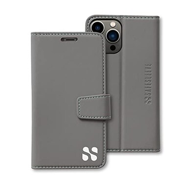 SafeSleeve Wallet Leather Case for iPhone 13 Pro 13 EMF Blocker for Cell Phone with 3 Card Holder Adjustable Stand Magnetic Closure and Magnetic Folio Protection for Daily Use Grey