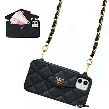 UnnFiko Wallet Case Compatible with iPhone 11 Cute Light Luxury Bag Design Purse Flip Card Pouch Cover Soft Silicone Case with Handstrap Long Shoulder Strap Black iPhone 11