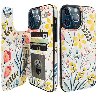HAOPINSH for iPhone 13 Pro Max Wallet Case with Card Holder Floral Flower Back Pattern Folio Flip PU Leather Kickstand Card Slots Case Double Magnetic Clasp Durable Shockproof Cover 67