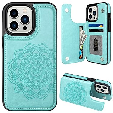 MMHUO for iPhone 14 Pro Case with Card Holder Flower Magnetic Back Flip Wallet Case for Women Protective Case Phone Case for iPhone 14 ProMint