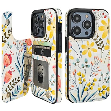HAOPINSH for iPhone 14 Pro Wallet Case with Card Holder Floral Flower Pattern Back Flip Folio PU Leather Kickstand Card Slots Case for Women Girls Double Magnetic Clasp Shockproof Cover 61
