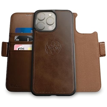 Dreem Wallet Case for iPhone 14 Pro 2 Way Phone Stand Magnetic Detachable Vegan Leather Flip Cover RFID Blocking Card Holder MagSafeFit Gift Box Fibonacci Chocolate