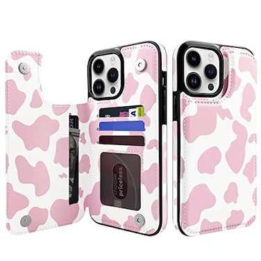 TopPerfekt Flip Leather Wallet Case Card Holder Compatible with iPhone 13 Pro Max 67 Women and Girls with Card Holder Kickstand Double Magnetic Clasp Pink Cow Pattern