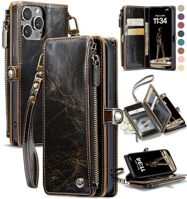 Defencase Compatible with iPhone 13 Pro Case Wallet with RFID Blocking Card Holder for Women Men Soft PU Leather Magnetic Snap Flip Zipper Strap Wallet Phone Case Fit for iPhone 13 Pro 61 Coffee