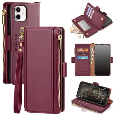 Antsturdy Compatible with iPhone 11 Wallet CaseRFID Blocking PU Leather Phone Case Women Men Flip Shockproof Protective Cover Wrist Strap Zipper Credit Card Holder Slotsfor Apple 11 61Wine Red