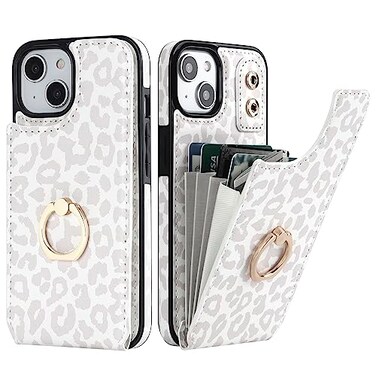 HAOPINSH for iPhone 13 iPhone 14 Wallet Case with Card Holder 360Rotation Ring Kickstand White Leopard Cheetah Pattern RFID Blocking Leather for Girls Women Double Buttons Flip 61