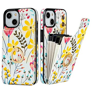 HAOPINSH for iPhone 13 iPhone 14 Wallet Case with Card Holder 360Rotation Ring Kickstand Floral Flower Pattern RFID Blocking Leather for Girls Women Double Buttons Flip Protective Cover 61