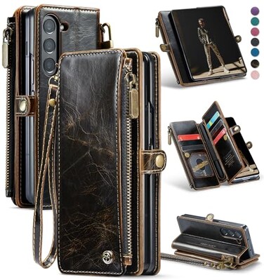 Defencase Wallet Case Compatible with Samsung Galaxy Z Fold 5 with RFID Blocking Card Holder S Pen Holder Slot PU Leather Magnetic Snap Flip Zipper Strap Phone Case Fit for Galaxy Z Fold 5 Coffee