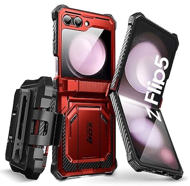 i-Blason iBlason Armorbox Series for Samsung Galaxy Z Flip 5 Case 2023 with Builtin Screen Protector Kickstand Belt Clip FullBody Rugged Case for Z Flip 5 with Hinge Protection Ruddy