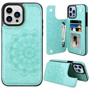 MMHUO for iPhone 15 Pro Max Case with Card HolderFlower Magnetic Buttons Protective Wallet Case for Women for iPhone 15 Pro MaxMint