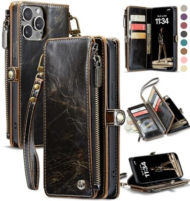 Defencase Compatible with iPhone 15 Pro Max Case Wallet with RFID Blocking Card Holder for Women Men PU Leather Magnetic Snap Flip Zipper Strap Wallet Phone Case Fit for iPhone 15 Pro Max 67 Coffee