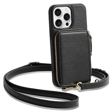 ZVE for iPhone 15 Pro Max Wallet Case Crossbody Card Holder Phone Purse for Women RFID Blocking Zipper Leather Cover with Wrist Strap for iPhone 15 Pro Max 67 inch Black