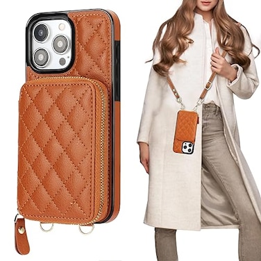 Bocasal Crossbody Wallet Case for iPhone 15 Pro Max RFID Blocking PU Leather Zipper Handbag Purse Flip Cover Kickstand Folio Case with Card Slots Holder Wrist Strap Lanyard 5G 67 Inch Brown
