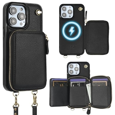 Bocasal for MagSafe Crossbody Wallet Case Compatible with iPhone 14 Pro Max RFID Blocking Protective Purse Case with Card Slots Holder Kickstand Wrist Strap Lanyard Zipper 67 Inch 5G Black