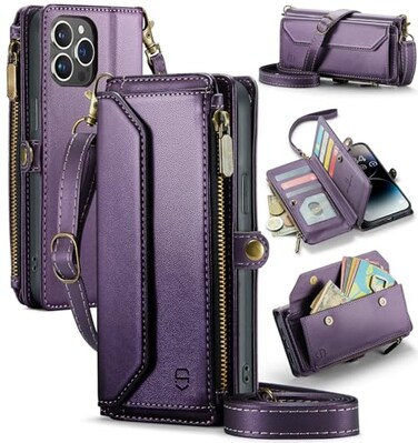 Strapurs Wallet Case Compatible with iPhone 14 Pro Max RFID Blocking 10Card Holder Soft PU Leather Magnetic Snap Shoulder Strap Zipper Pocket Phone Case Fit for iPhone 14 Pro Max Purple