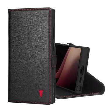 TORRO Case Compatible with Samsung Galaxy S24 Ultra 5G Premium Leather Wallet Case with Kickstand and Card Slots Black with Red Detail