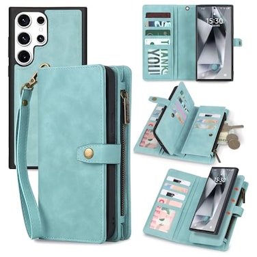 TwoHead for Samsung Galaxy S24 Ultra Wallet Case with Card Holder Detachable Magnetic Phone Case for S24 UltraPU Leather AllRound Protective Phone Case Wallet with Wrist StrapBlue